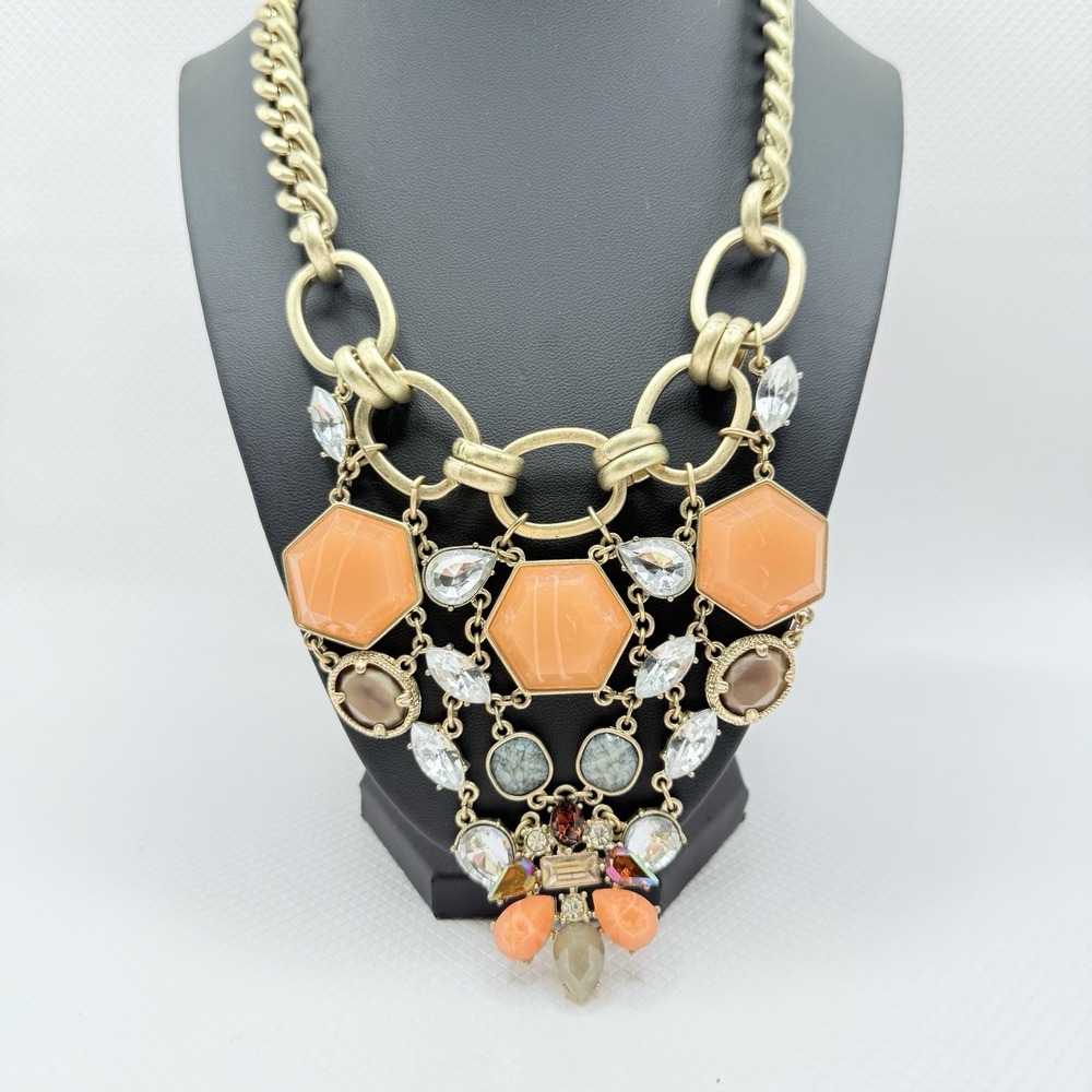 Chunky Deco Inspired Bib Necklace w/ Brass Tone Metal & Peach Colored Faux Gems
